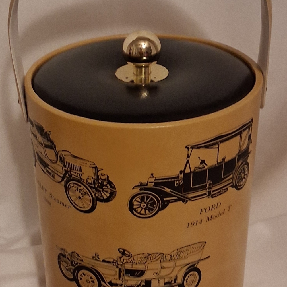 Vintage Automobile Illustrated Ice Bucket Barware MCM Faux Leather Retro Caddy